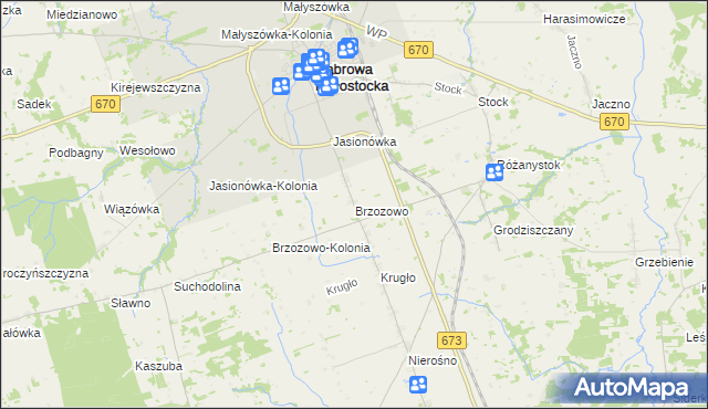 mapa Brzozowo gmina Dąbrowa Białostocka, Brzozowo gmina Dąbrowa Białostocka na mapie Targeo