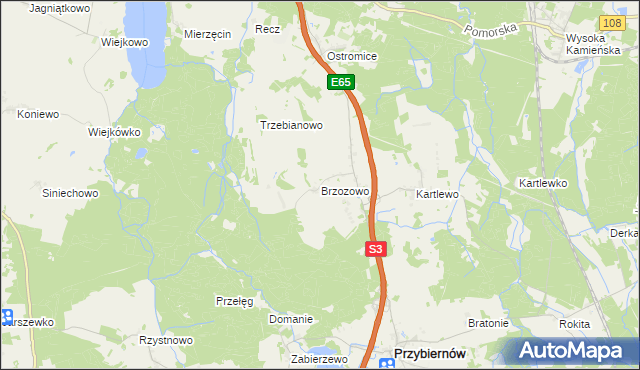 mapa Brzozowo gmina Przybiernów, Brzozowo gmina Przybiernów na mapie Targeo