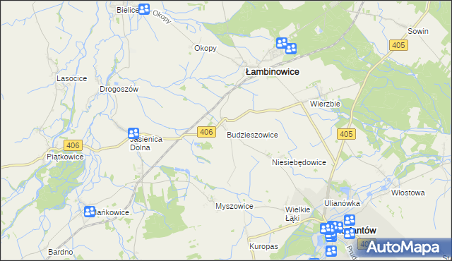 mapa Budzieszowice gmina Łambinowice, Budzieszowice gmina Łambinowice na mapie Targeo