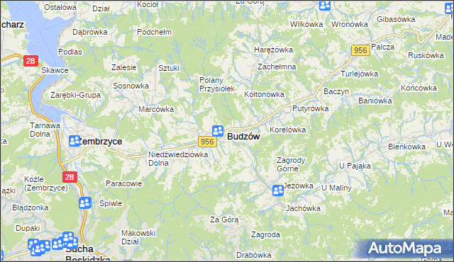 mapa Budzów powiat suski, Budzów powiat suski na mapie Targeo