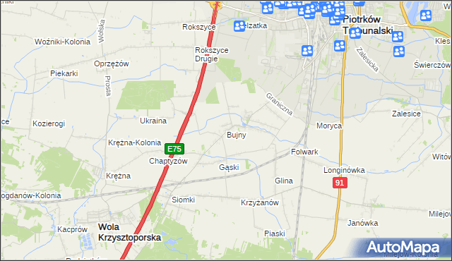 mapa Bujny gmina Wola Krzysztoporska, Bujny gmina Wola Krzysztoporska na mapie Targeo