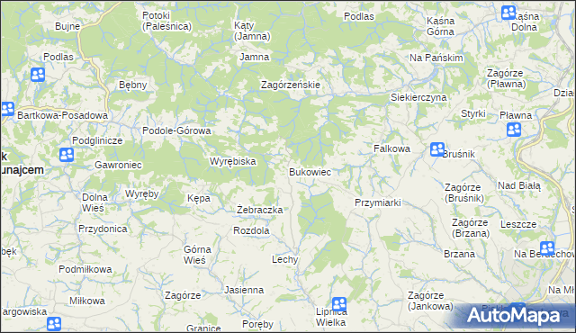 mapa Bukowiec gmina Korzenna, Bukowiec gmina Korzenna na mapie Targeo