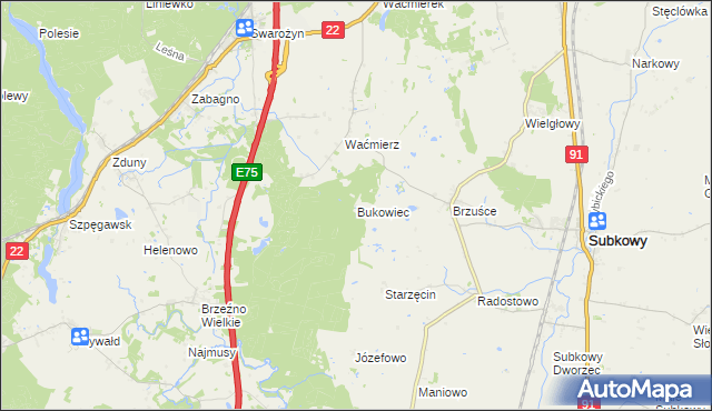 mapa Bukowiec gmina Subkowy, Bukowiec gmina Subkowy na mapie Targeo