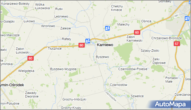 mapa Byszewo gmina Karniewo, Byszewo gmina Karniewo na mapie Targeo