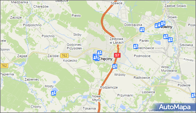 mapa Chęciny powiat kielecki, Chęciny powiat kielecki na mapie Targeo