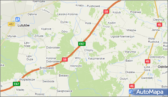 mapa Chojny gmina Lututów, Chojny gmina Lututów na mapie Targeo