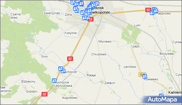 mapa Chrustowo gmina Grodzisk Wielkopolski, Chrustowo gmina Grodzisk Wielkopolski na mapie Targeo