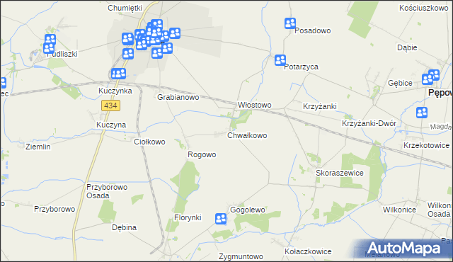 mapa Chwałkowo gmina Krobia, Chwałkowo gmina Krobia na mapie Targeo