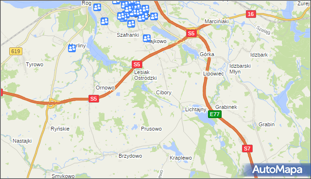 mapa Cibory gmina Ostróda, Cibory gmina Ostróda na mapie Targeo