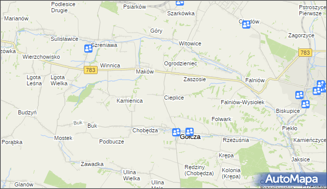 mapa Cieplice gmina Gołcza, Cieplice gmina Gołcza na mapie Targeo