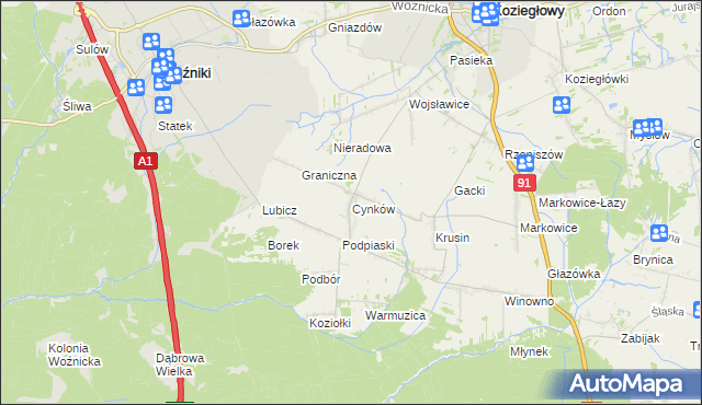 mapa Cynków gmina Koziegłowy, Cynków gmina Koziegłowy na mapie Targeo