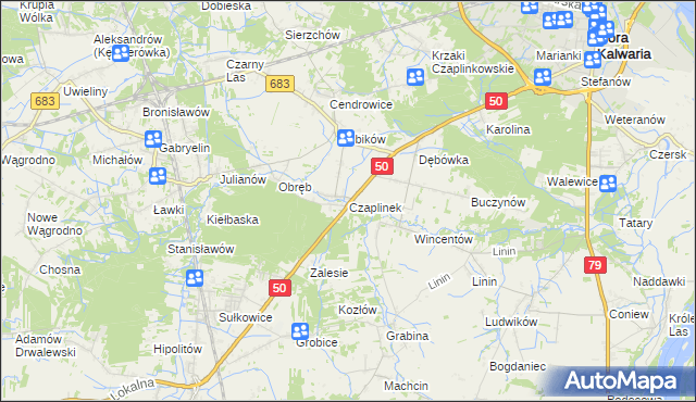 mapa Czaplinek gmina Góra Kalwaria, Czaplinek gmina Góra Kalwaria na mapie Targeo