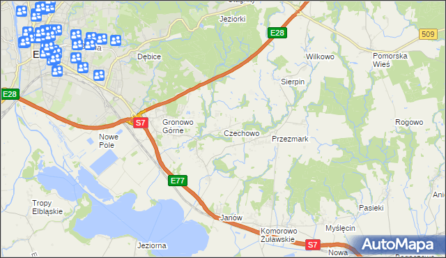 mapa Czechowo gmina Elbląg, Czechowo gmina Elbląg na mapie Targeo