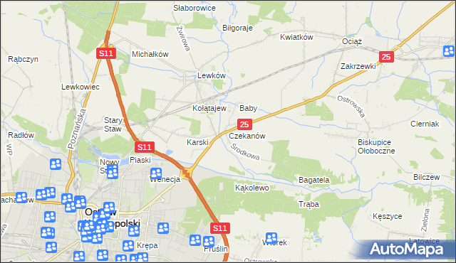 mapa Czekanów gmina Ostrów Wielkopolski, Czekanów gmina Ostrów Wielkopolski na mapie Targeo