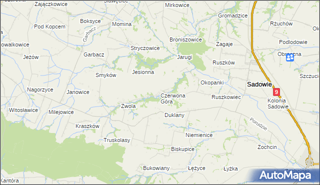 mapa Czerwona Góra gmina Sadowie, Czerwona Góra gmina Sadowie na mapie Targeo