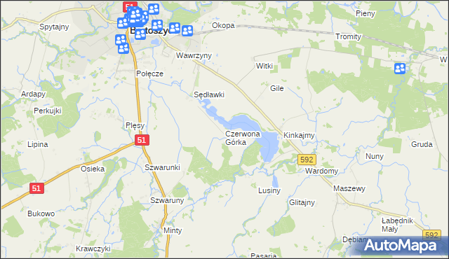 mapa Czerwona Górka gmina Bartoszyce, Czerwona Górka gmina Bartoszyce na mapie Targeo