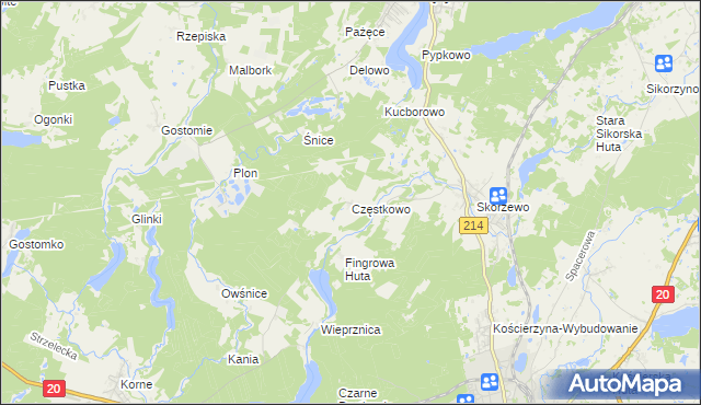 mapa Częstkowo gmina Kościerzyna, Częstkowo gmina Kościerzyna na mapie Targeo