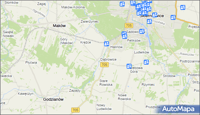 mapa Dąbrowice gmina Maków, Dąbrowice gmina Maków na mapie Targeo