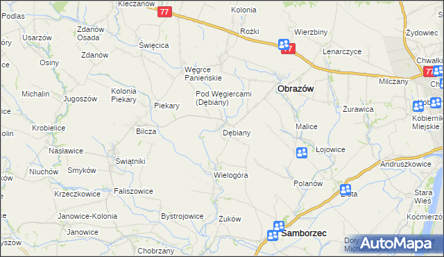mapa Dębiany gmina Obrazów, Dębiany gmina Obrazów na mapie Targeo