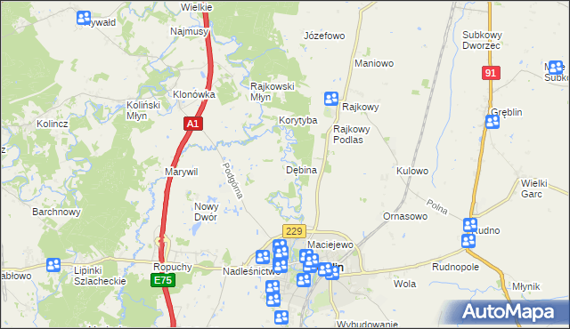 mapa Dębina gmina Pelplin, Dębina gmina Pelplin na mapie Targeo