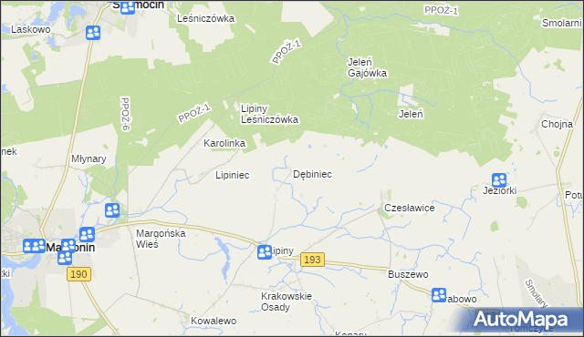 mapa Dębiniec gmina Margonin, Dębiniec gmina Margonin na mapie Targeo