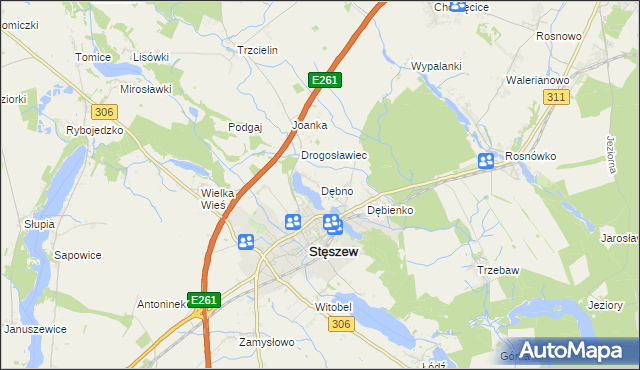 mapa Dębno gmina Stęszew, Dębno gmina Stęszew na mapie Targeo