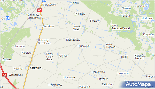 mapa Długołęka gmina Strzelce, Długołęka gmina Strzelce na mapie Targeo