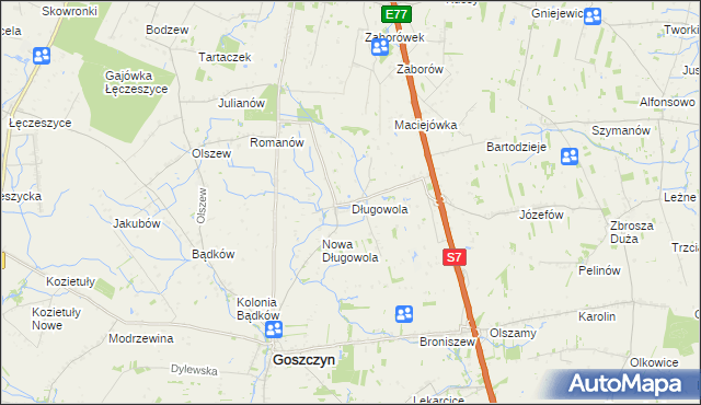 mapa Długowola gmina Goszczyn, Długowola gmina Goszczyn na mapie Targeo