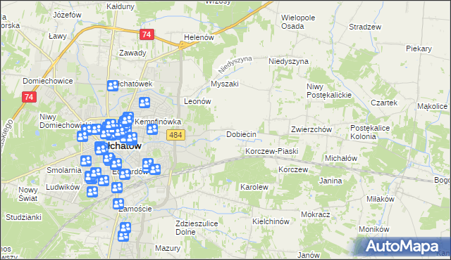 mapa Dobiecin gmina Bełchatów, Dobiecin gmina Bełchatów na mapie Targeo