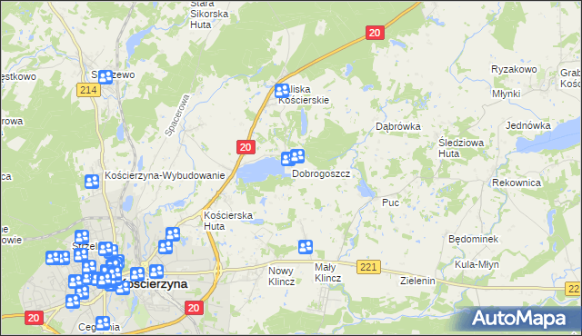 mapa Dobrogoszcz gmina Kościerzyna, Dobrogoszcz gmina Kościerzyna na mapie Targeo