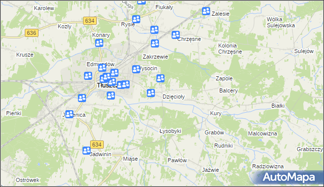 mapa Dzięcioły gmina Tłuszcz, Dzięcioły gmina Tłuszcz na mapie Targeo