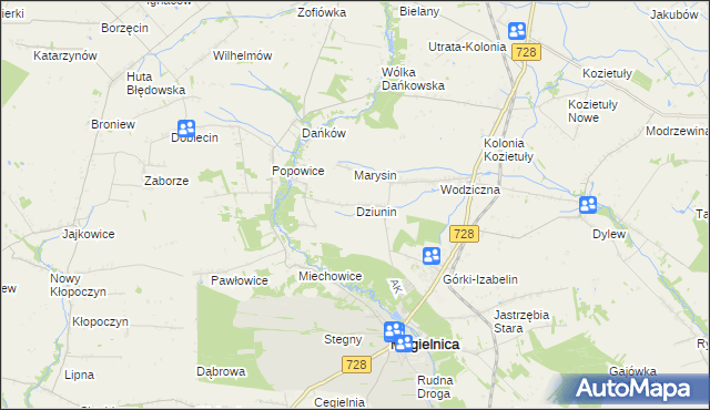 mapa Dziunin gmina Mogielnica, Dziunin gmina Mogielnica na mapie Targeo