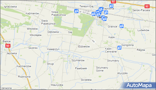 mapa Elżbietów gmina Teresin, Elżbietów gmina Teresin na mapie Targeo