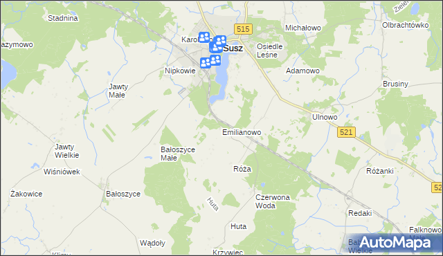 mapa Emilianowo gmina Susz, Emilianowo gmina Susz na mapie Targeo