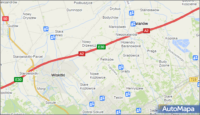 mapa Feliksów gmina Wiskitki, Feliksów gmina Wiskitki na mapie Targeo