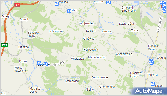 mapa Feliksówka gmina Sobków, Feliksówka gmina Sobków na mapie Targeo