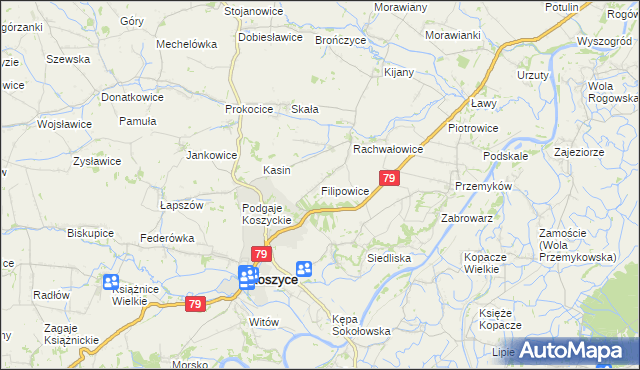 mapa Filipowice gmina Koszyce, Filipowice gmina Koszyce na mapie Targeo