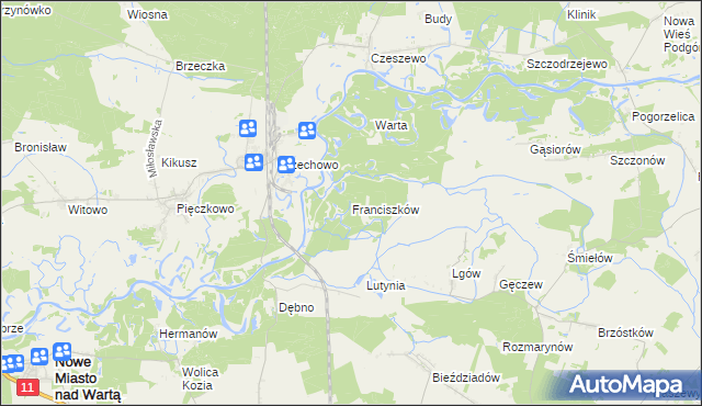 mapa Franciszków gmina Nowe Miasto nad Wartą, Franciszków gmina Nowe Miasto nad Wartą na mapie Targeo