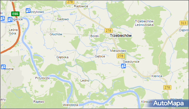 mapa Gębice gmina Trzebiechów, Gębice gmina Trzebiechów na mapie Targeo