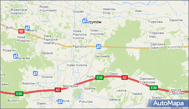 mapa Genowefa gmina Krzymów, Genowefa gmina Krzymów na mapie Targeo