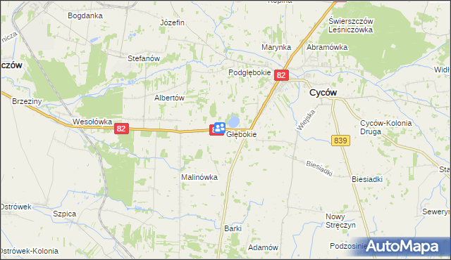 mapa Głębokie gmina Cyców, Głębokie gmina Cyców na mapie Targeo