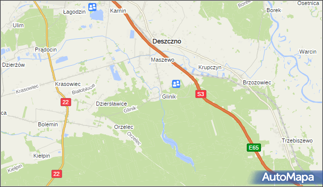 mapa Glinik gmina Deszczno, Glinik gmina Deszczno na mapie Targeo