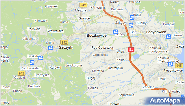 mapa Godziszka gmina Buczkowice, Godziszka gmina Buczkowice na mapie Targeo