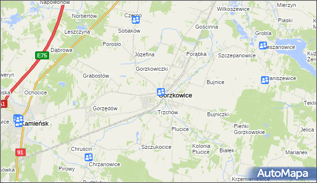 mapa Gorzkowice, Gorzkowice na mapie Targeo