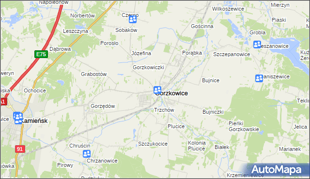 mapa Gorzkowice, Gorzkowice na mapie Targeo