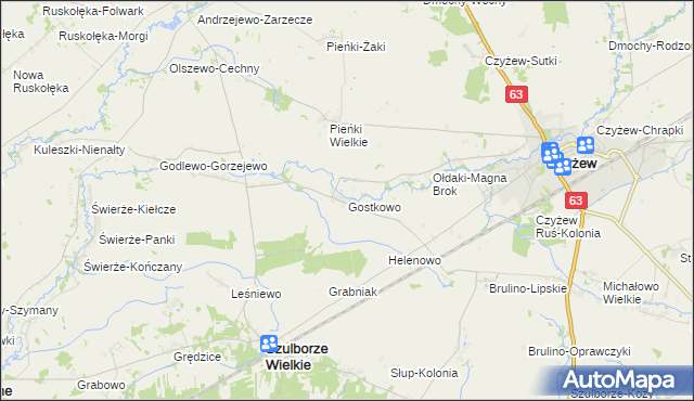 mapa Gostkowo gmina Szulborze Wielkie, Gostkowo gmina Szulborze Wielkie na mapie Targeo