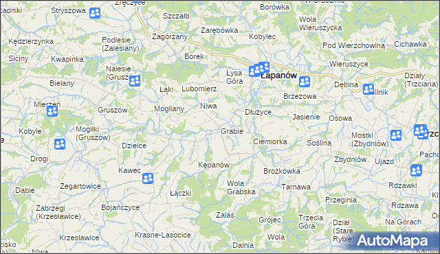 mapa Grabie gmina Łapanów, Grabie gmina Łapanów na mapie Targeo