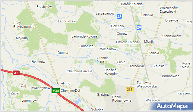 mapa Grabina Mała gmina Dąbie, Grabina Mała gmina Dąbie na mapie Targeo