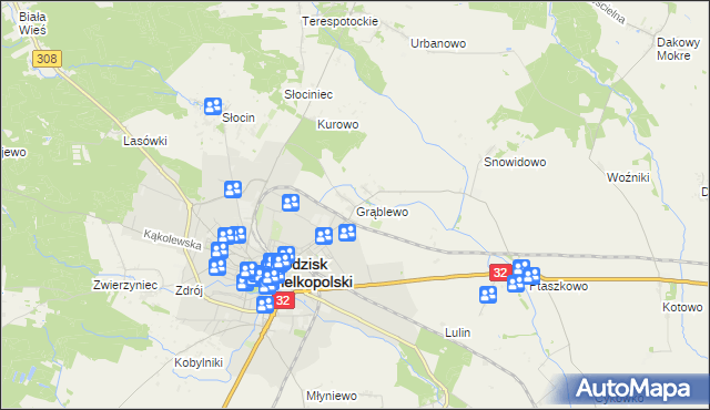 mapa Grąblewo gmina Grodzisk Wielkopolski, Grąblewo gmina Grodzisk Wielkopolski na mapie Targeo