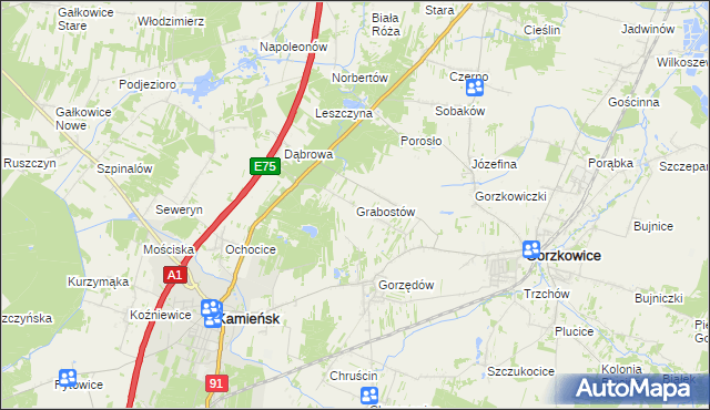 mapa Grabostów gmina Gorzkowice, Grabostów gmina Gorzkowice na mapie Targeo